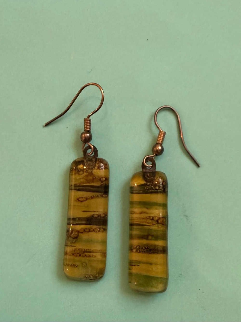 Green and Brown Striped Glass Dangle Earrings